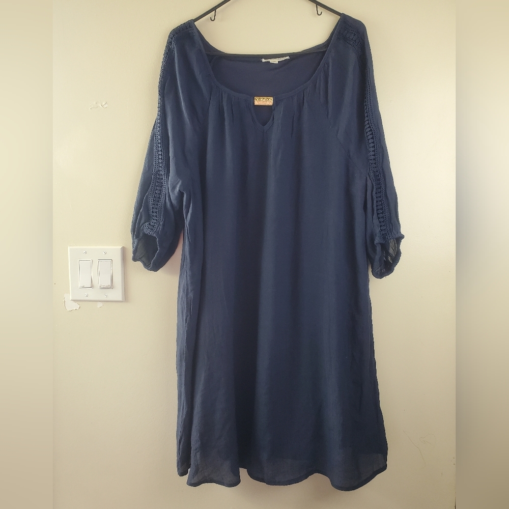 Women's Navy Blue Crochet Sleeve Relaxed Dress
